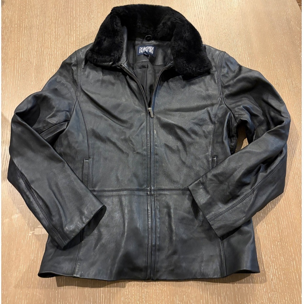 Blassport Womens Large Black Genuine Leather Jacket Faux Fur Collar Zip  Vintage